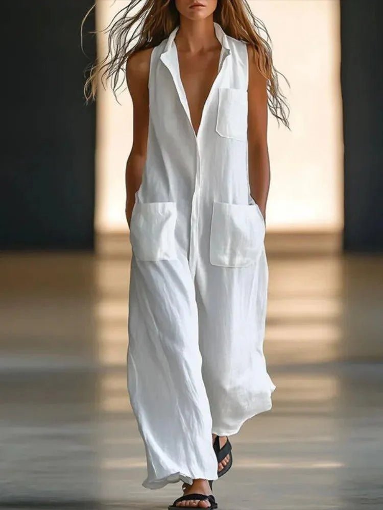 Gymystars Cotton Vintage Jumpsuits Women's Overalls Fashion Loose Pocket Design Elegant V - neck Sleeveless Romper Solid Overalls - Womans Fashion