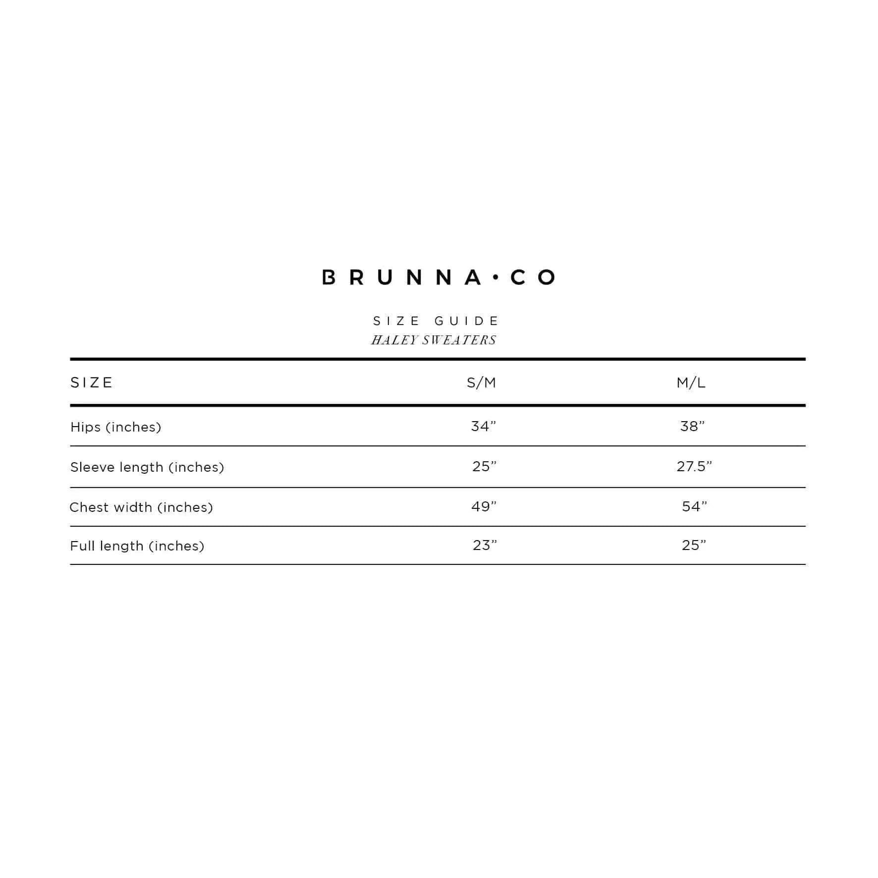 Brunna Co Haley Sweaters size guide with measurements for S/M and M/L sizes