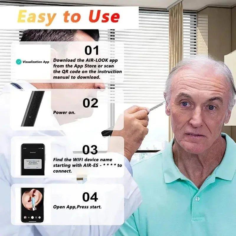 Easy-to-use ear cleaning device with app setup steps for seniors, featuring WiFi connection and visualization