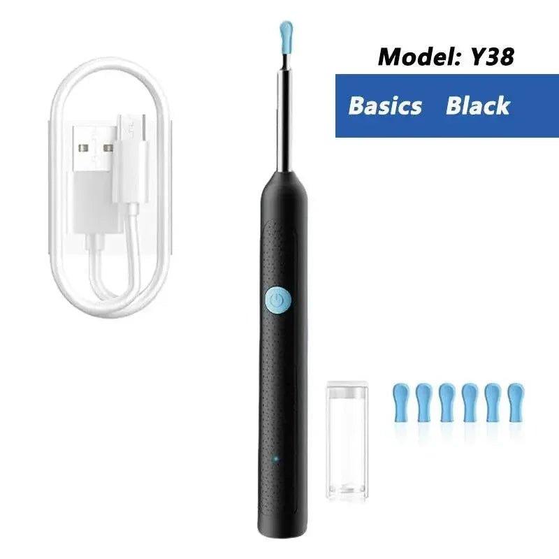 Black Y38 electric toothbrush with blue accents, USB charger, and replacement heads