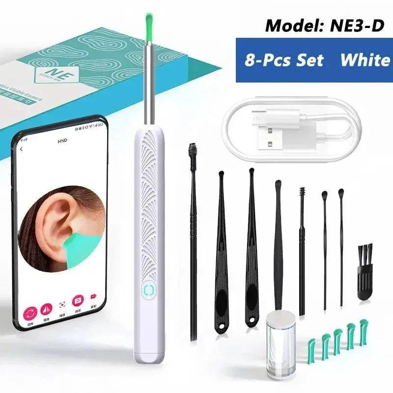 White 8-piece ear cleaning set with LED camera, USB charging, and interchangeable tips for safe ear care