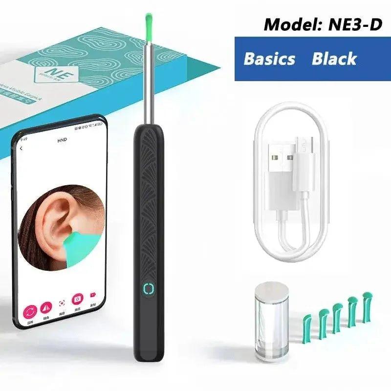 Black NE3-D ear cleaning tool with green tip, USB charger, and app view for safe ear care