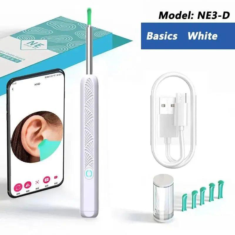 White NE3-D ear cleaning tool with app view, USB cable, and replacement tips for safe ear care
