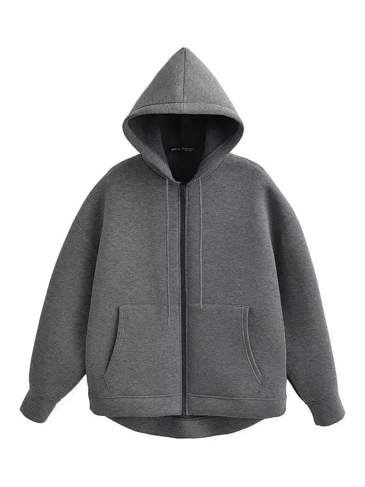 Gray zip-up hoodie with front pockets and hood, casual women's fashion