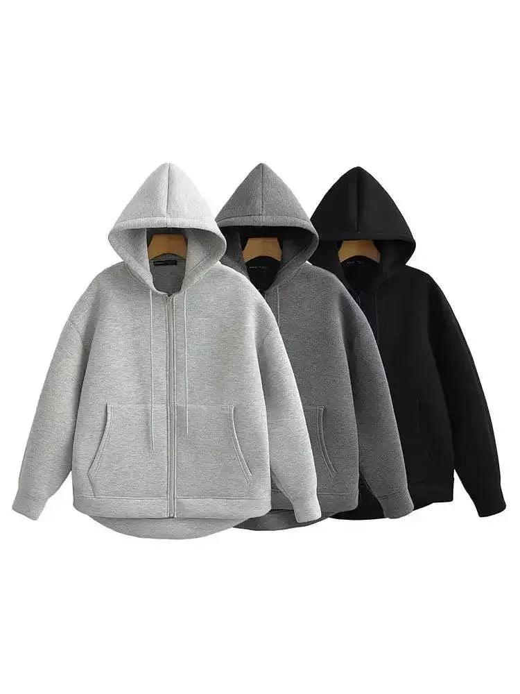 Women's zip-up hoodies in gray, heather gray, and black — cozy fashion sweatshirts