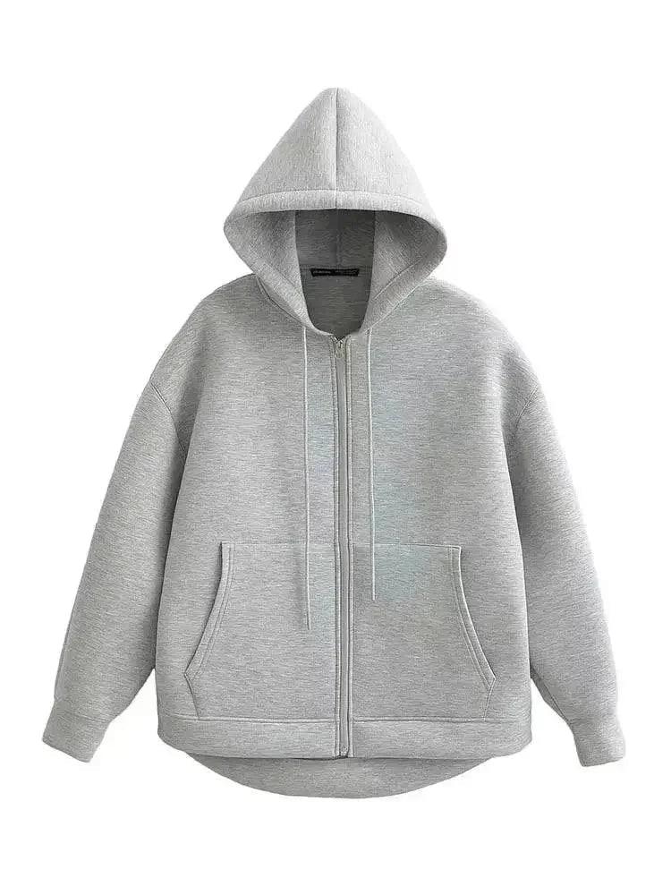 Gray zip-up hoodie with front pockets, casual women's fashion sweatshirt