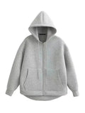 Gray zip-up hoodie with front pockets, casual women's fashion sweatshirt