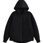 Black zip-up hoodie with hood and front pockets, casual women's fashion outerwear