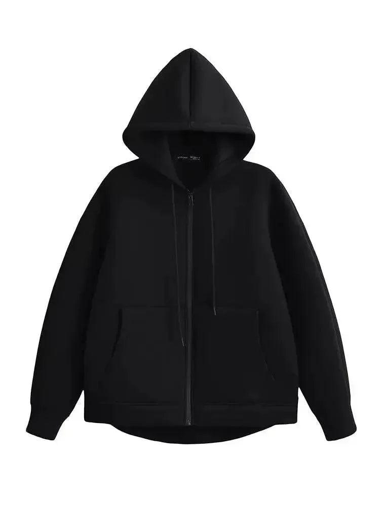 Black zip-up hoodie with hood and front pockets, casual women's fashion outerwear