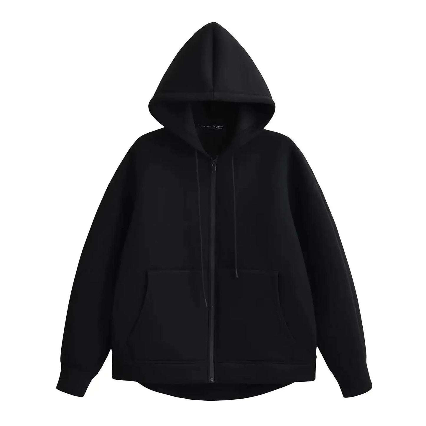 Black zip-up hoodie with front pockets and drawstring hood, women's fashion outerwear