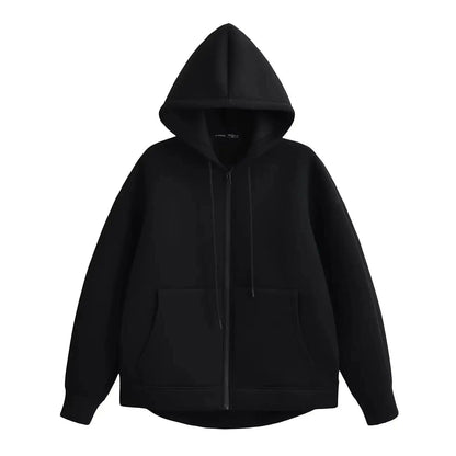 Black zip-up hoodie with front pockets and drawstring hood, women's fashion outerwear