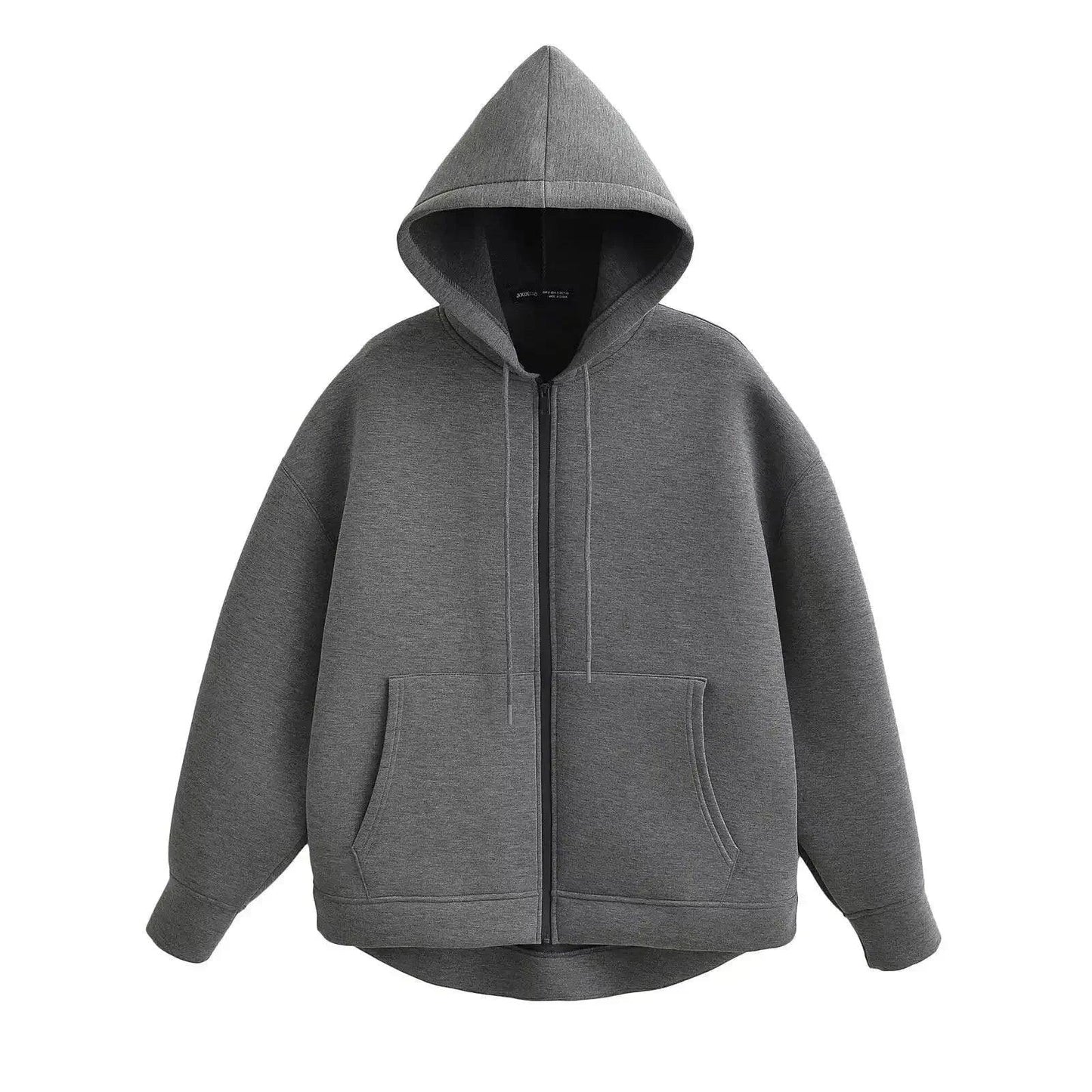Gray zip-up hoodie with hood and front pockets, casual women's fashion outerwear