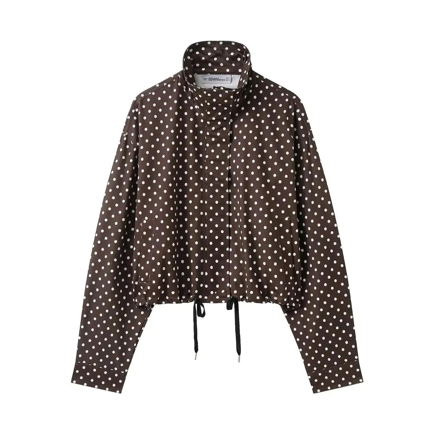 Brown polka dot women's cropped jacket with drawstring hem and long sleeves, fashion outerwear