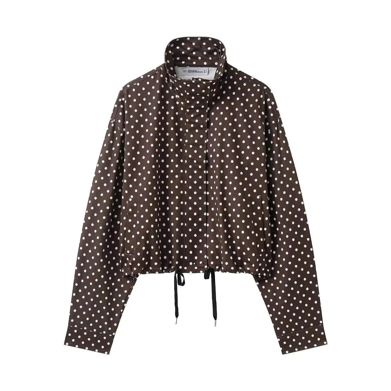 Brown polka dot women's cropped jacket with drawstring hem and long sleeves, fashion outerwear