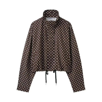 Brown polka dot women's cropped jacket with drawstring hem and long sleeves, fashion outerwear