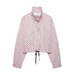 Pink polka dot women's cropped jacket with drawstring waist and high collar