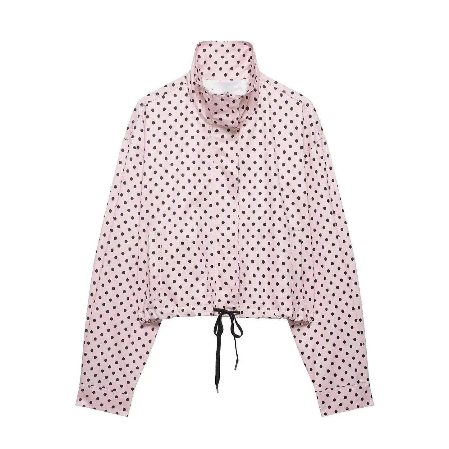 Pink polka dot women's cropped jacket with drawstring waist and high collar