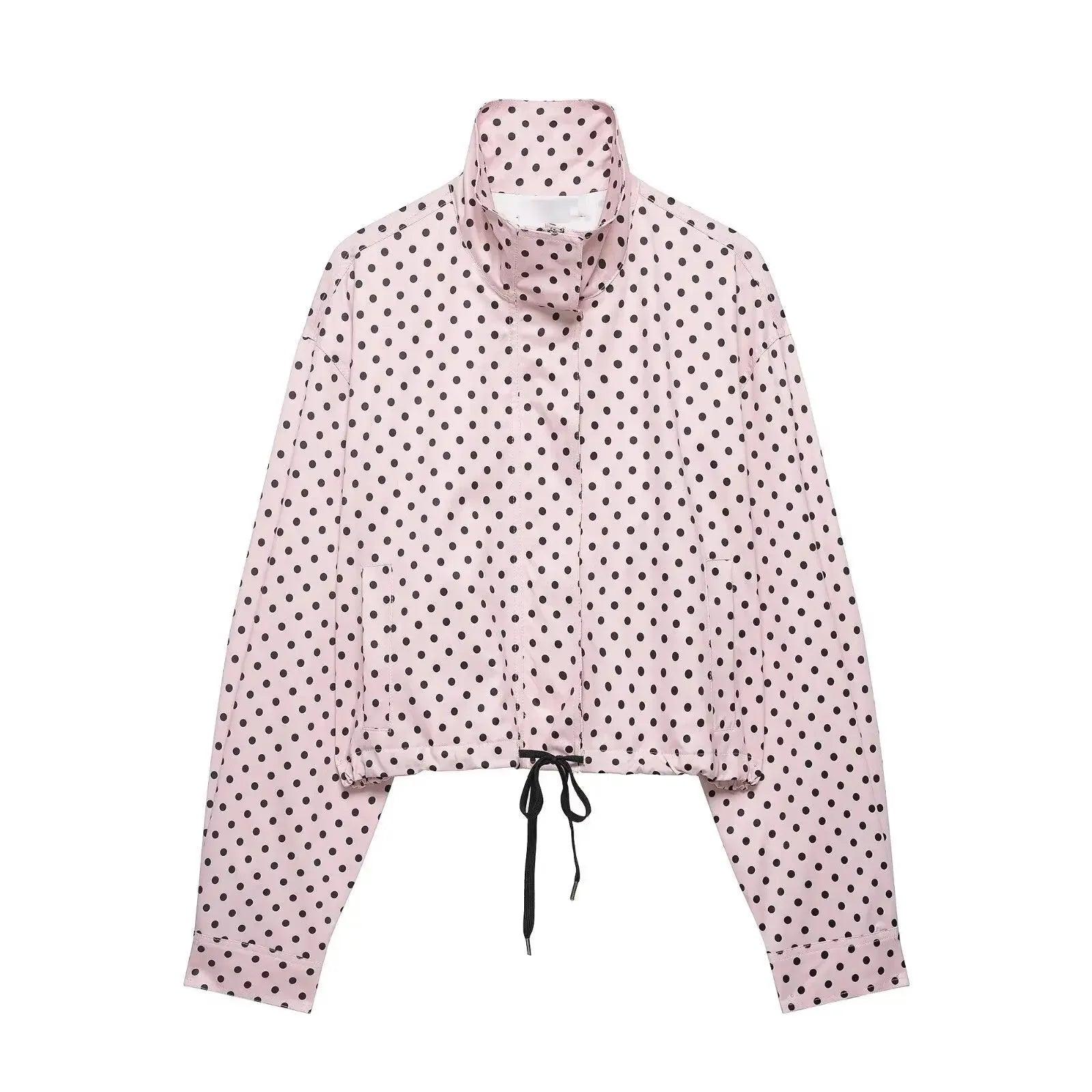 Pink polka dot women's cropped jacket with drawstring waist and high collar