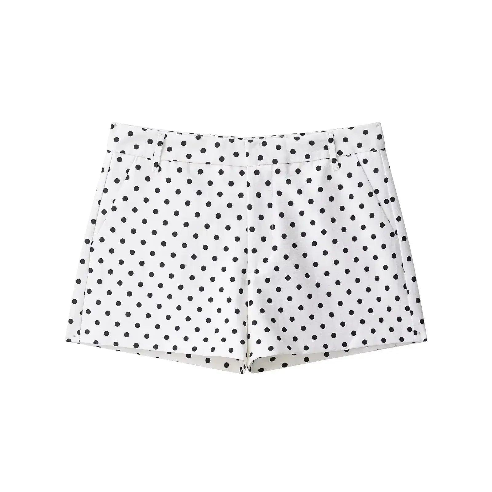 White polka dot women's fashion shorts with high waist and front pockets