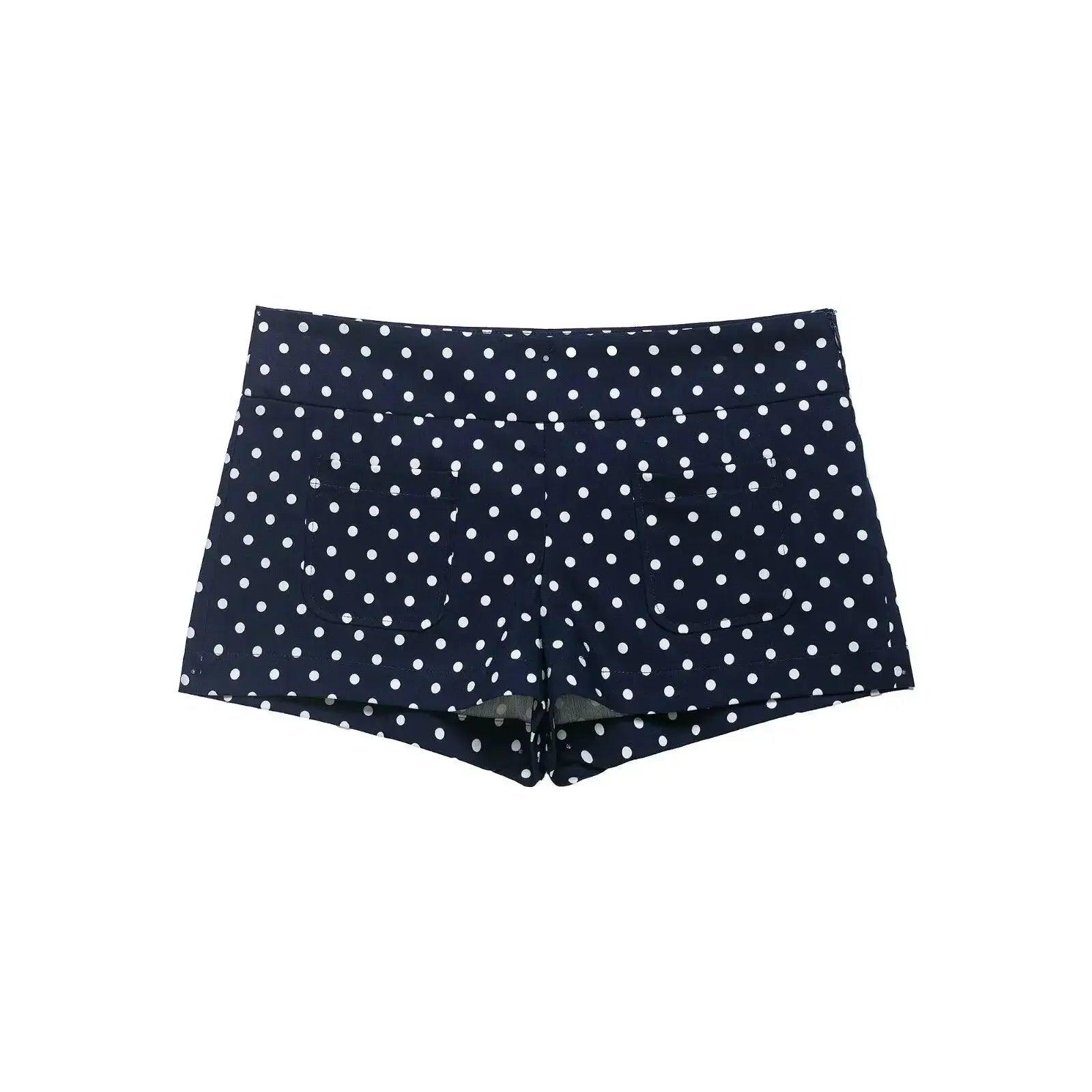 Navy blue polka dot women's shorts with back pockets, stylish fashion bottom