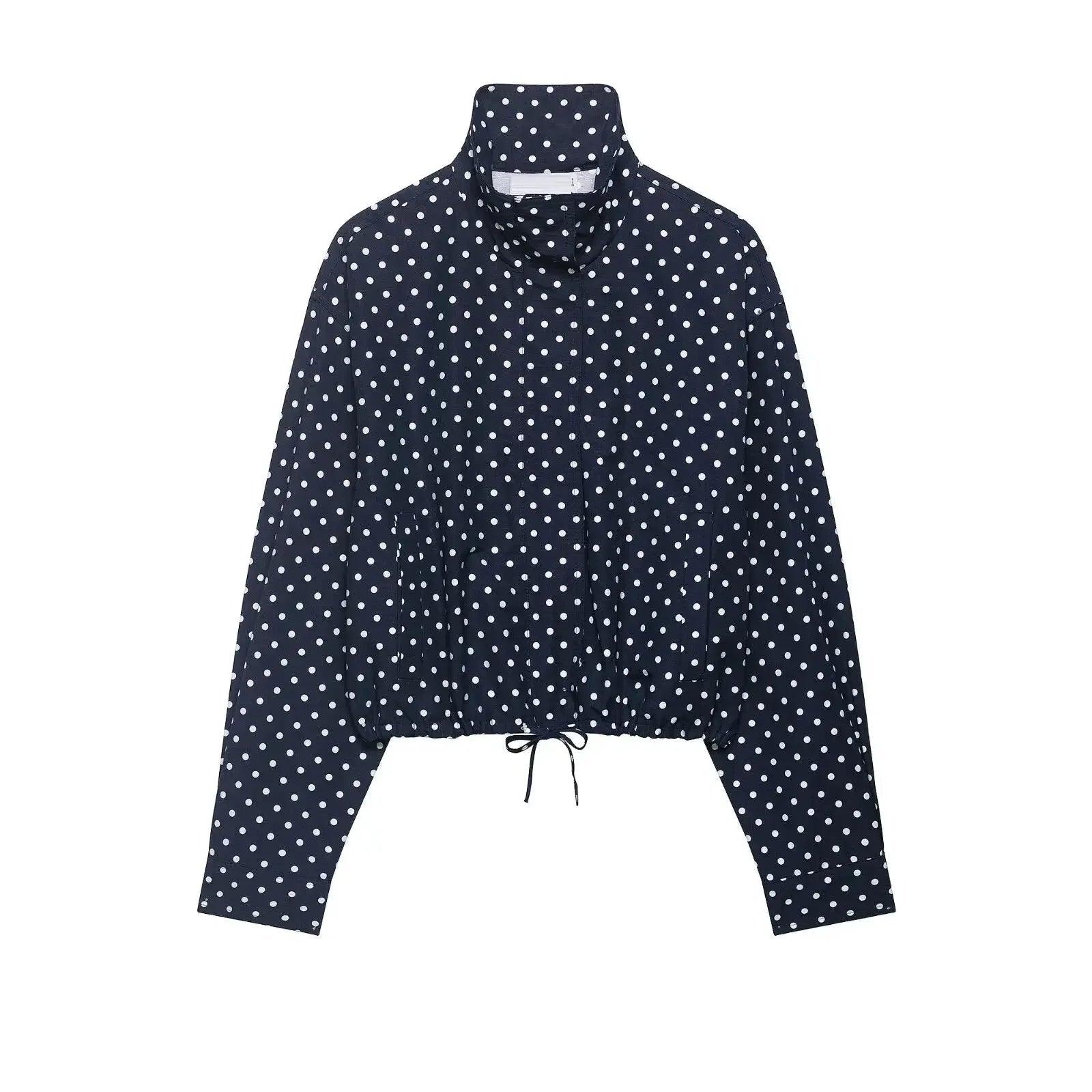 Navy blue polka dot cropped jacket with drawstring waist, women's fashion