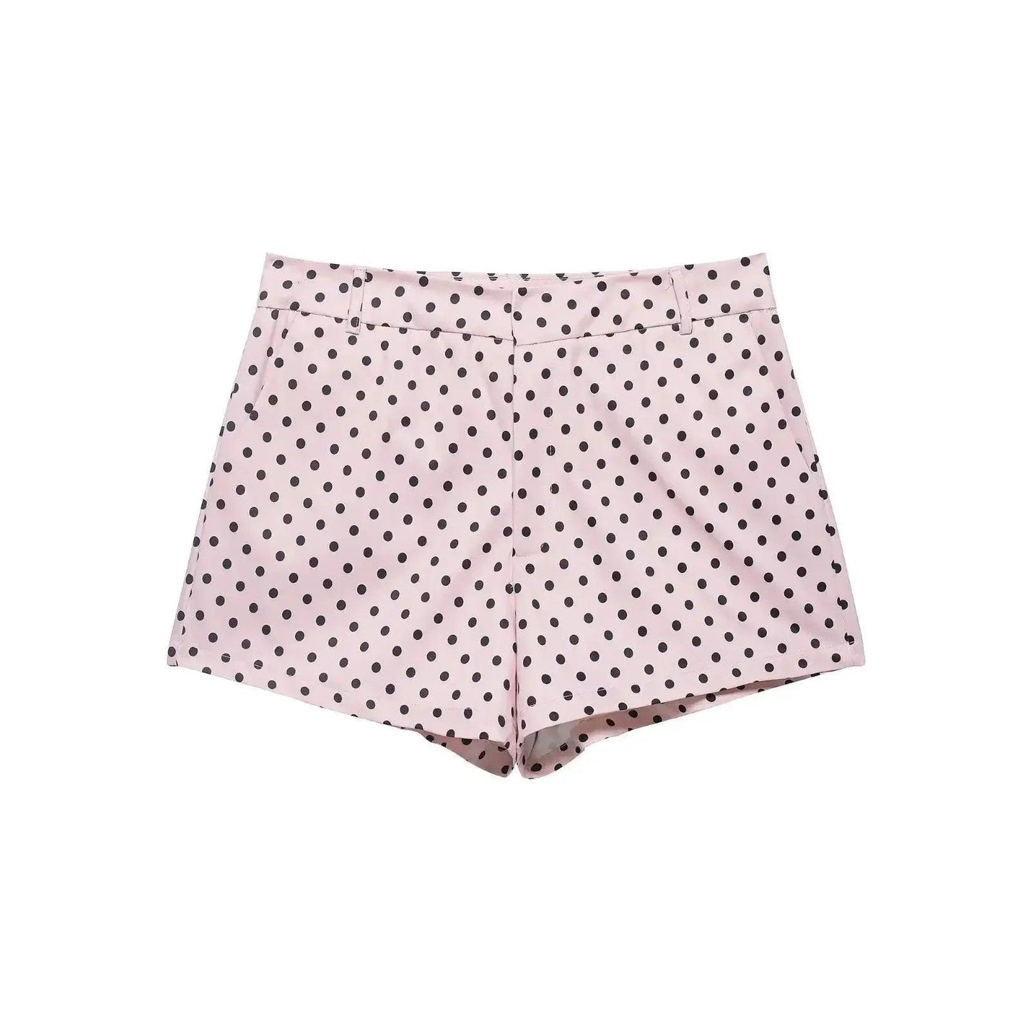 Pink polka dot women's fashion shorts with black dots, stylish summer wear