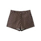 Brown polka dot women's fashion shorts with white dots, stylish summer wear