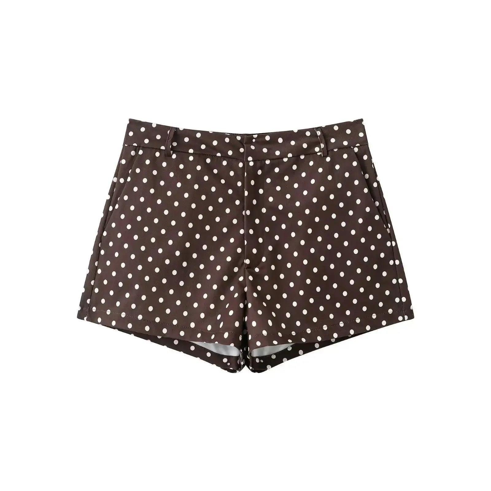 Brown polka dot women's fashion shorts with white dots, stylish summer wear