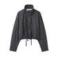 Black and white polka dot women's cropped jacket with drawstring hem and stand collar