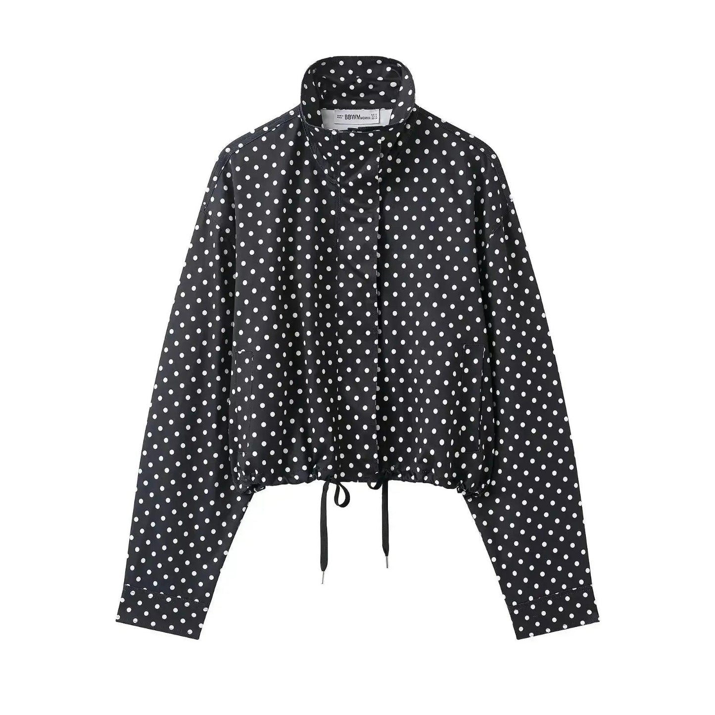 Black and white polka dot women's cropped jacket with drawstring hem and stand collar