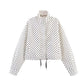 White polka dot women's cropped jacket with drawstring hem and long sleeves, fashion outerwear