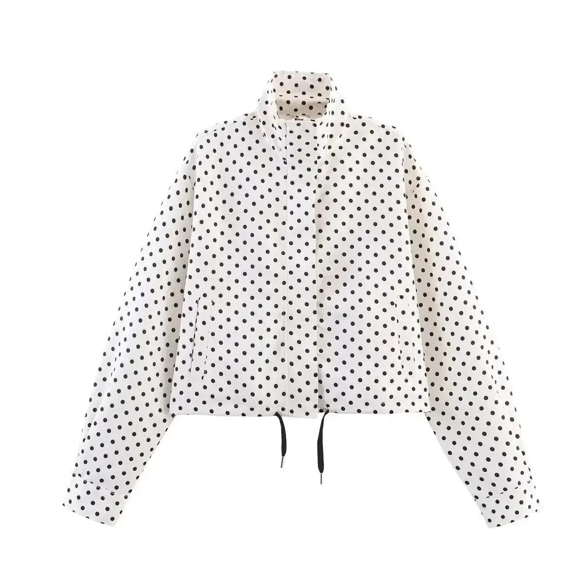 White polka dot women's cropped jacket with drawstring hem and long sleeves, fashion outerwear