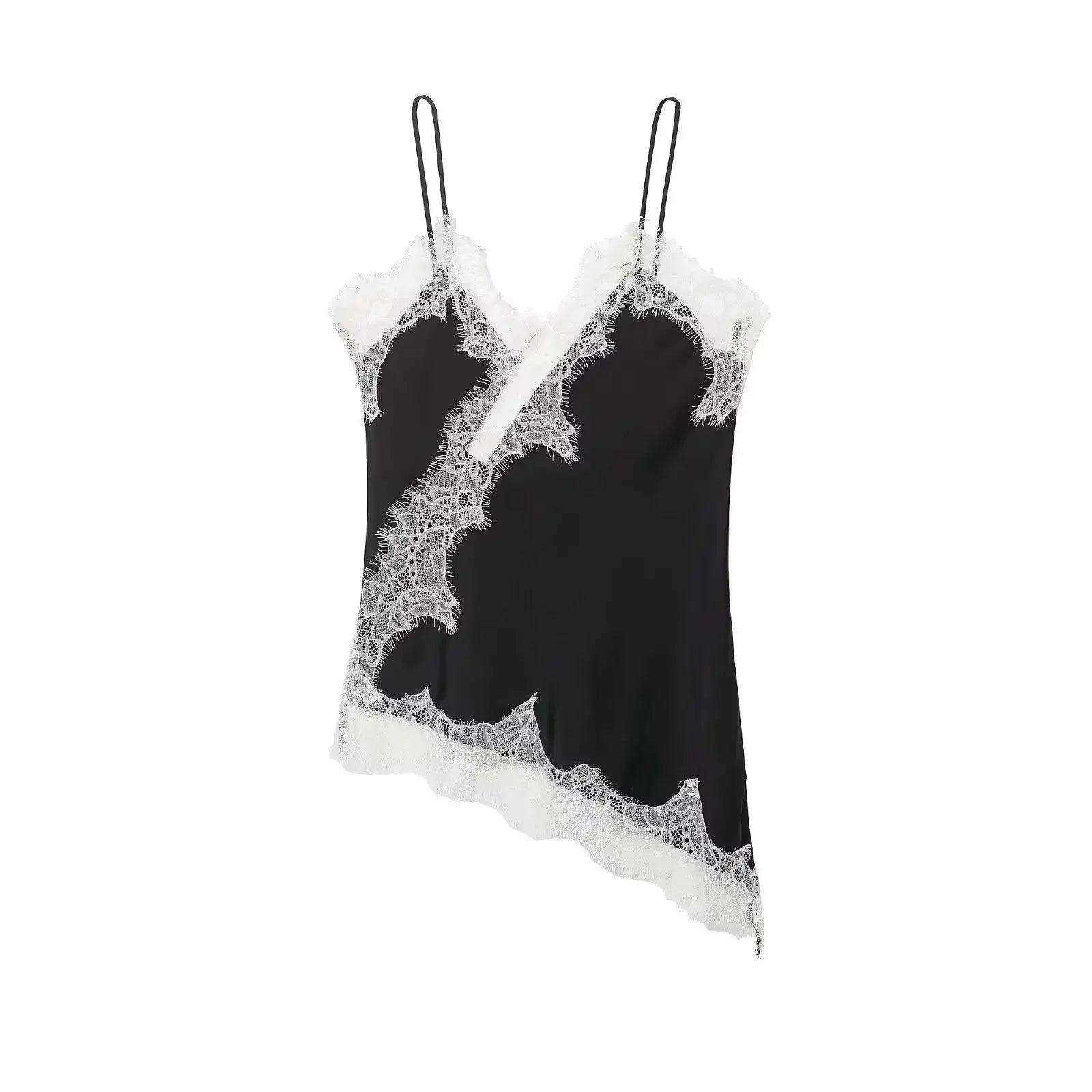 Black lace trim camisole top for women's fashion, elegant and stylish sleepwear or layering piece