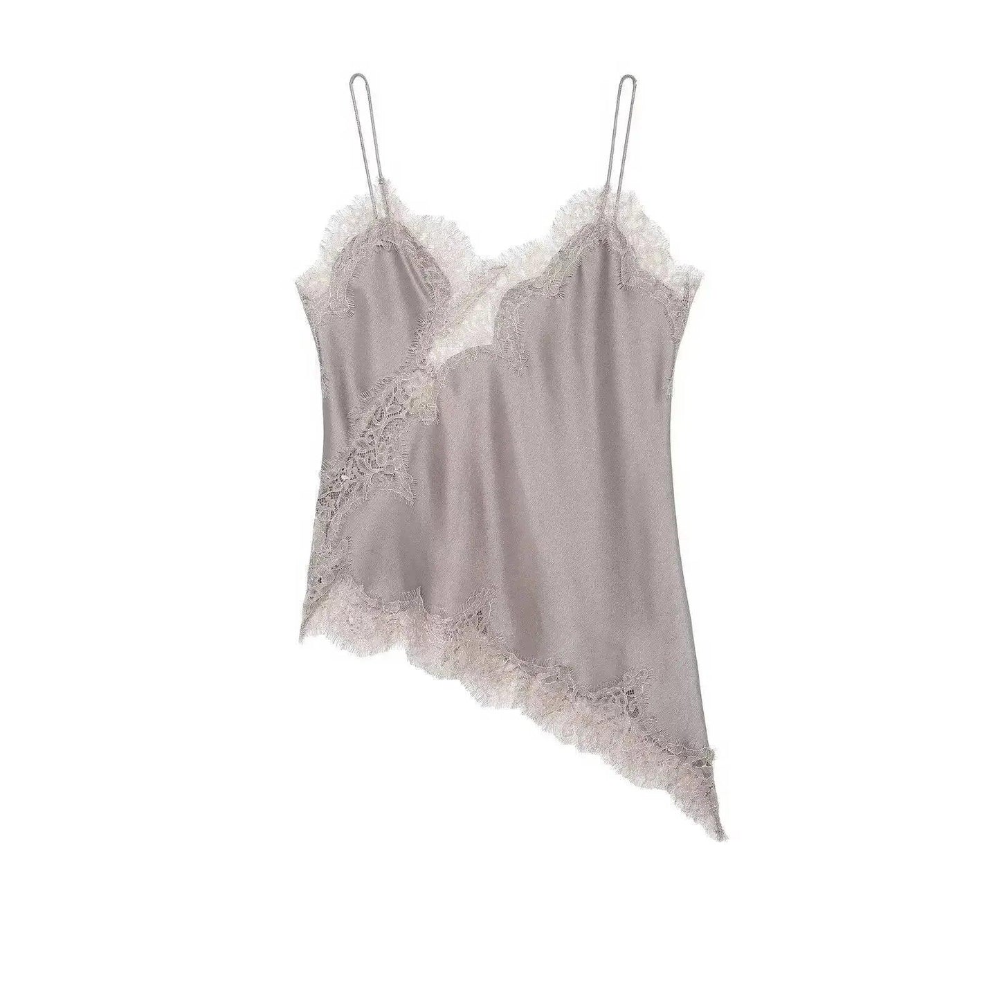 Elegant gray lace camisole with delicate trim and asymmetrical hem for women's fashion
