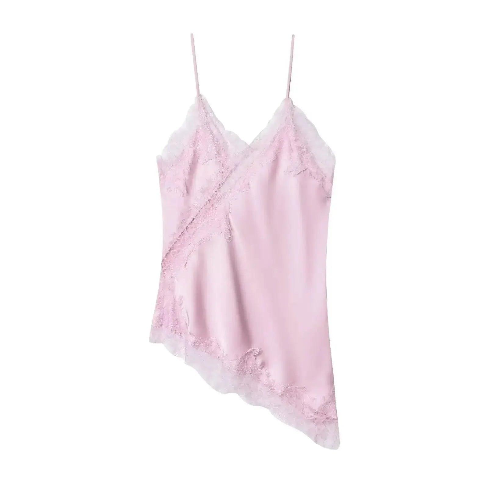 Pink lace-trimmed satin camisole for women's fashion and loungewear