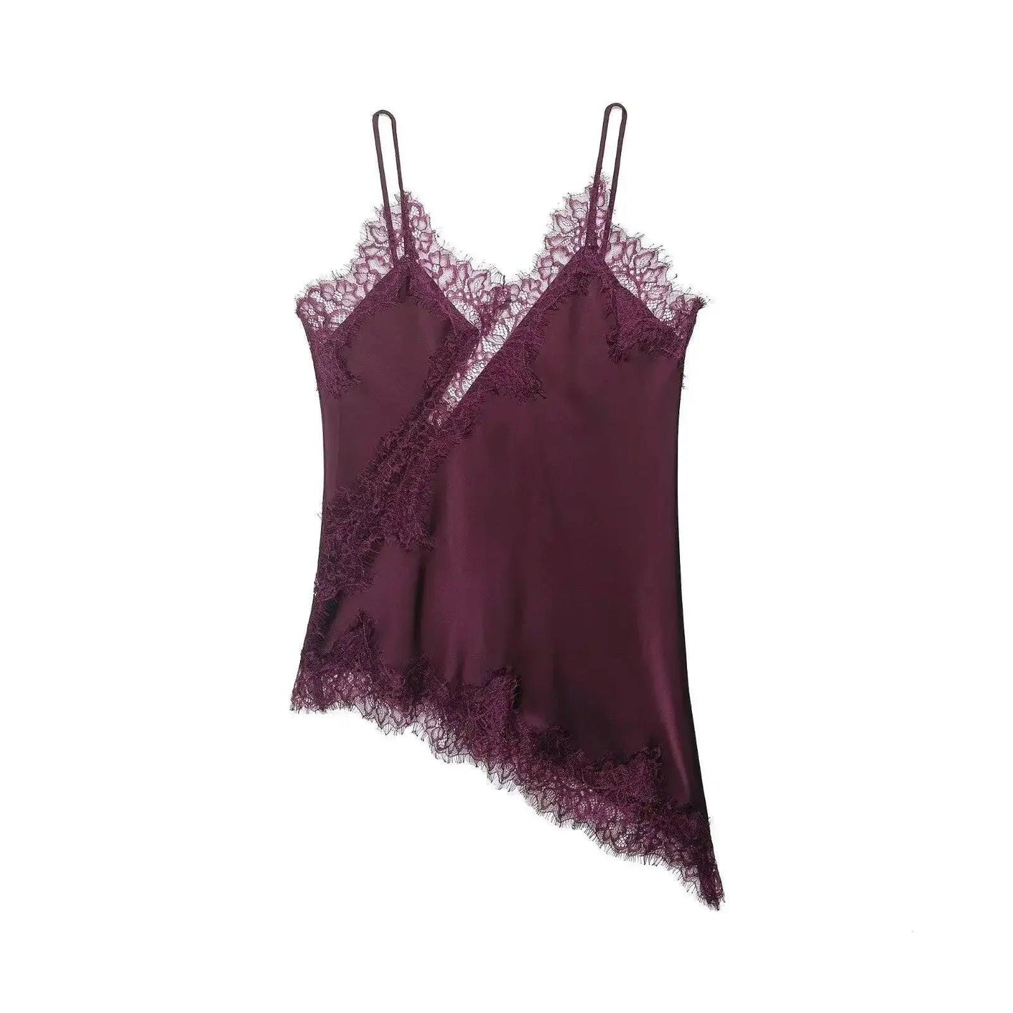 Burgundy lace-trimmed satin camisole with adjustable straps, women's fashion lingerie