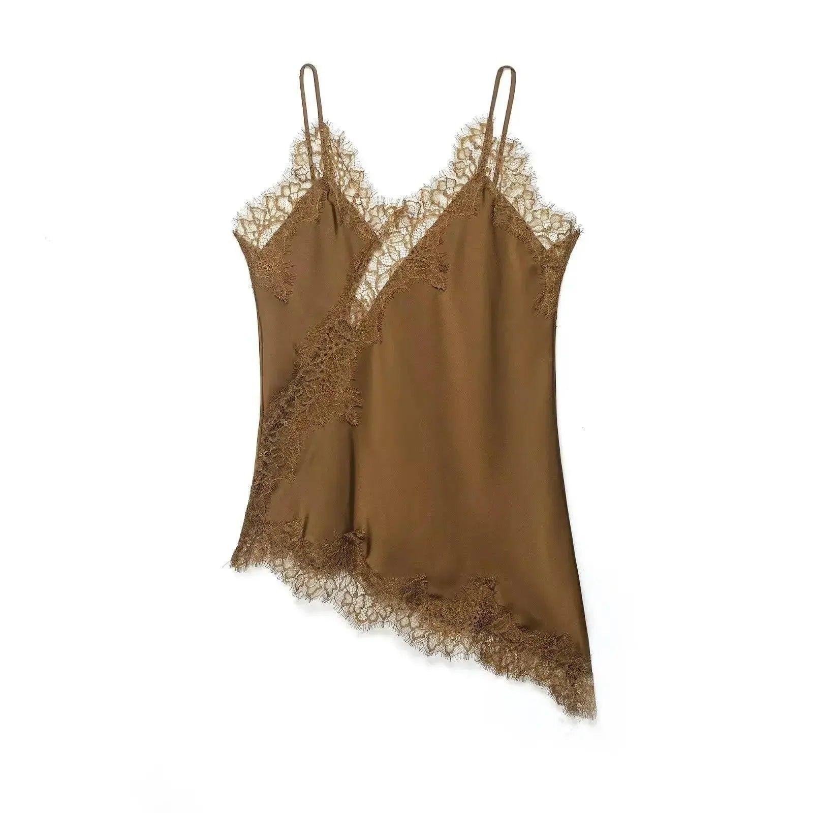 Elegant brown lace-trimmed camisole for women's fashion