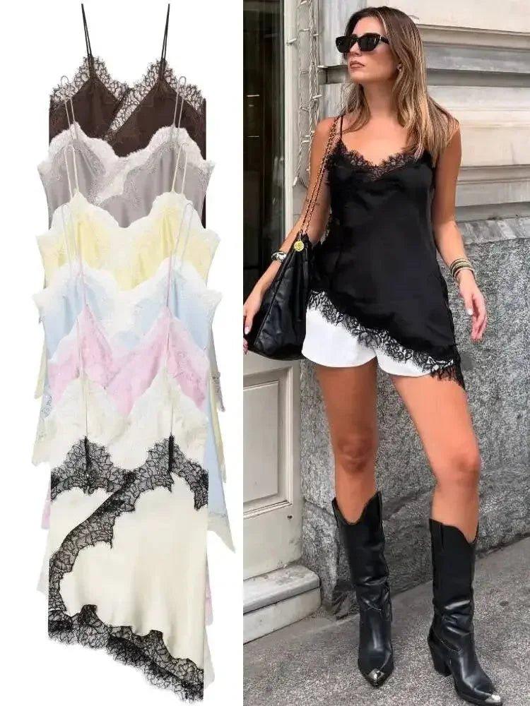 Lace trim camisole tops in assorted colors, styled with shorts and boots for chic women's fashion