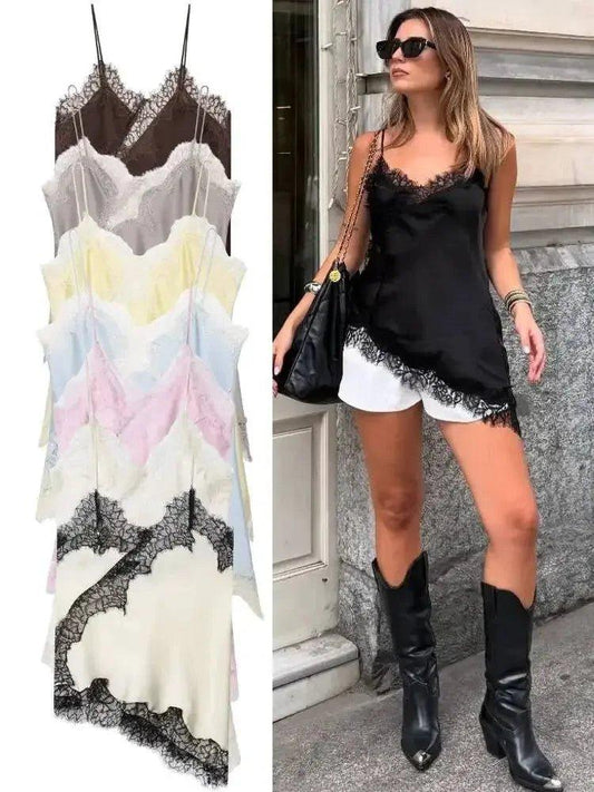 Lace trim camisole tops in assorted colors, styled with shorts and boots for chic women's fashion
