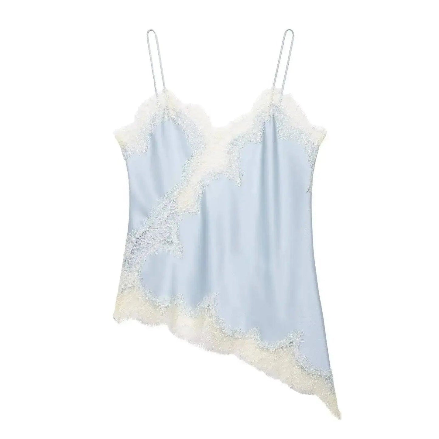 Light blue lace-trimmed camisole with delicate straps and asymmetrical hem for women's fashion