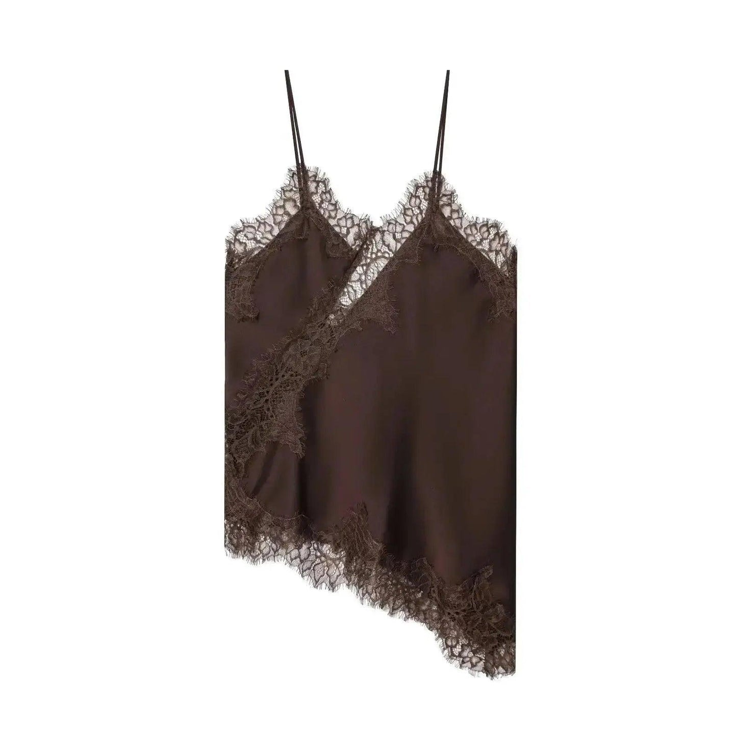 Elegant brown lace camisole with delicate trim, perfect for women's fashion
