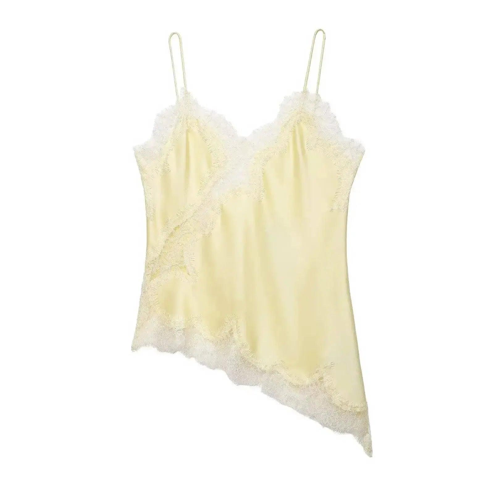 Cream lace-trimmed satin camisole top for women's fashion