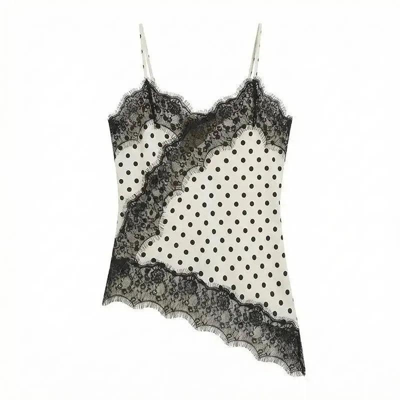 Black lace and white polka dot camisole top for women's fashion