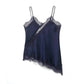 Navy blue lace-trimmed satin camisole with thin straps, elegant women's sleepwear or lingerie