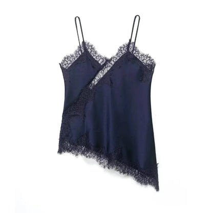 Navy blue lace-trimmed satin camisole with thin straps, elegant women's sleepwear or lingerie