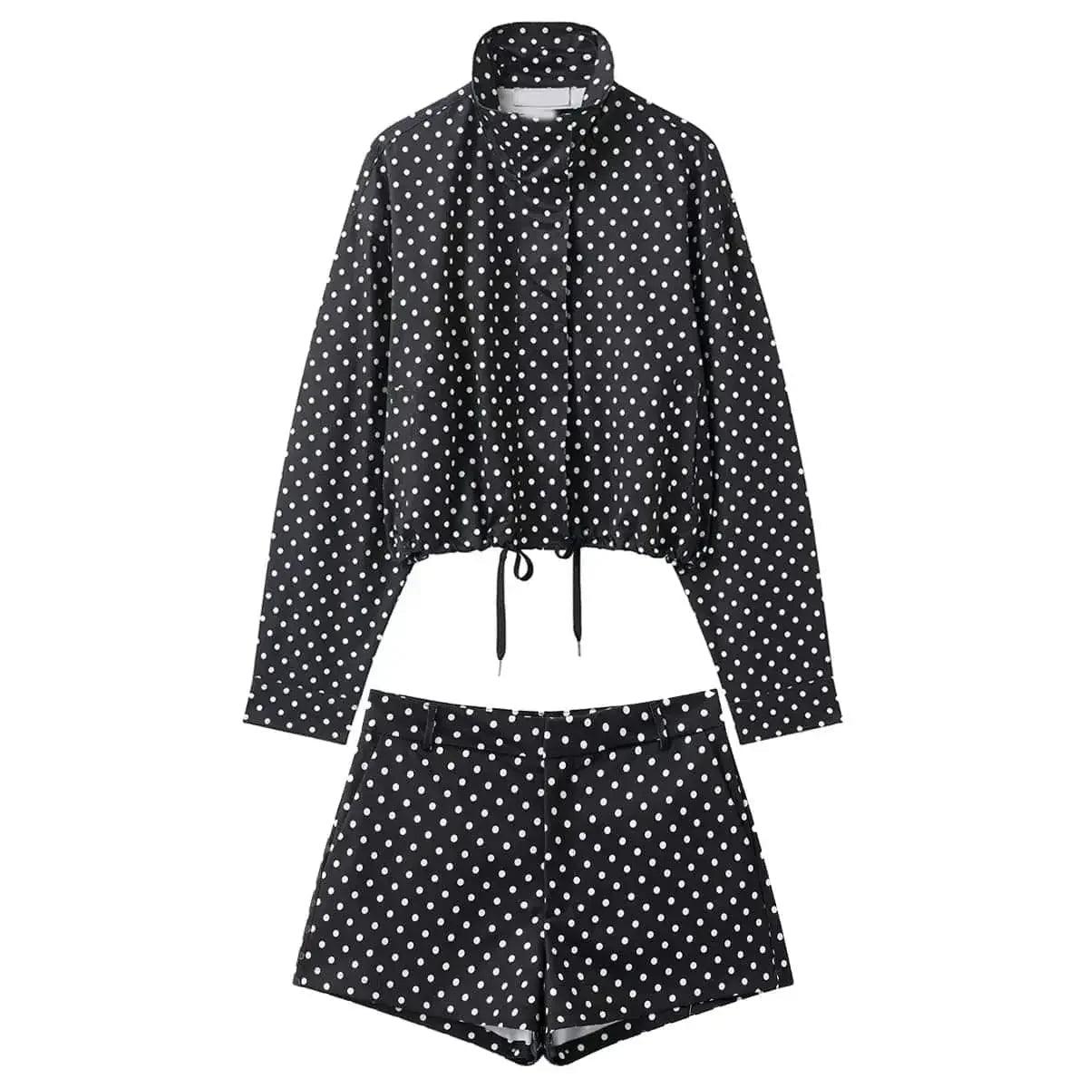 Black and white polka dot women's crop top and shorts set, stylish fashion outfit