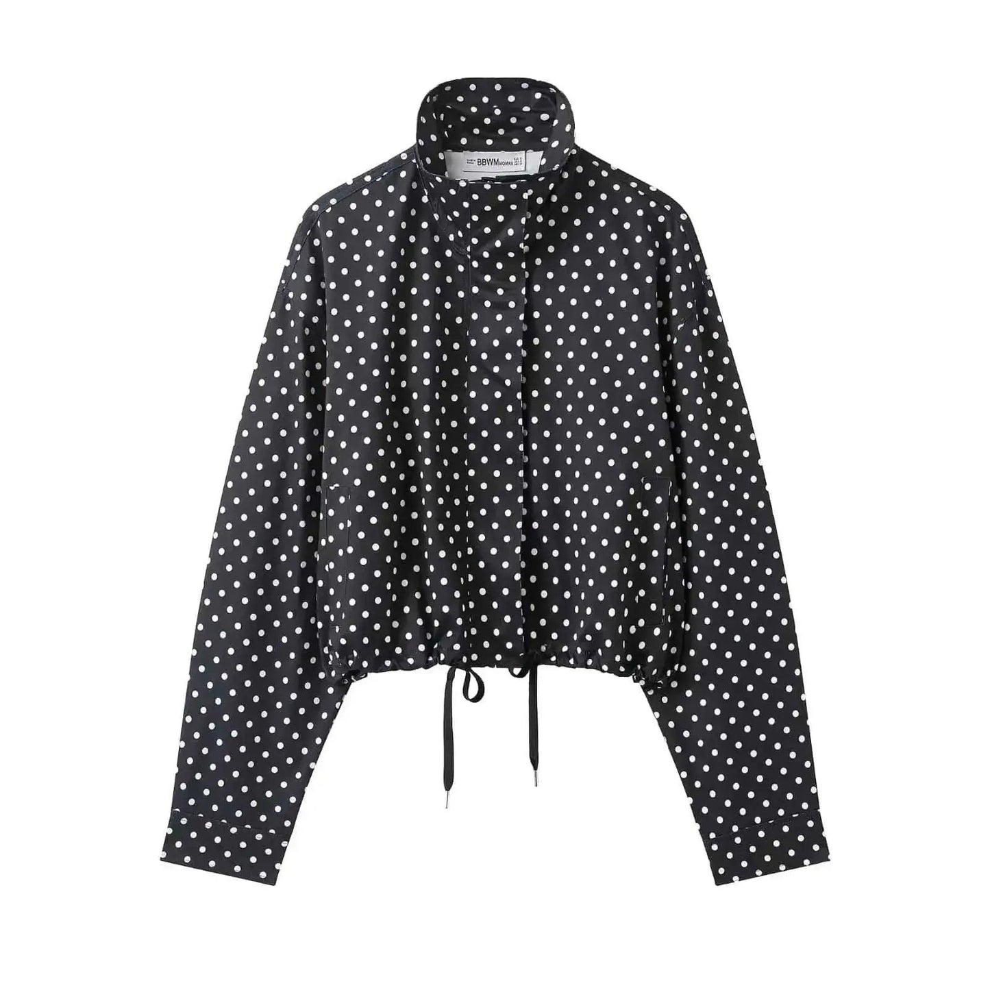 Black and white polka dot cropped jacket with drawstring hem, women's fashion