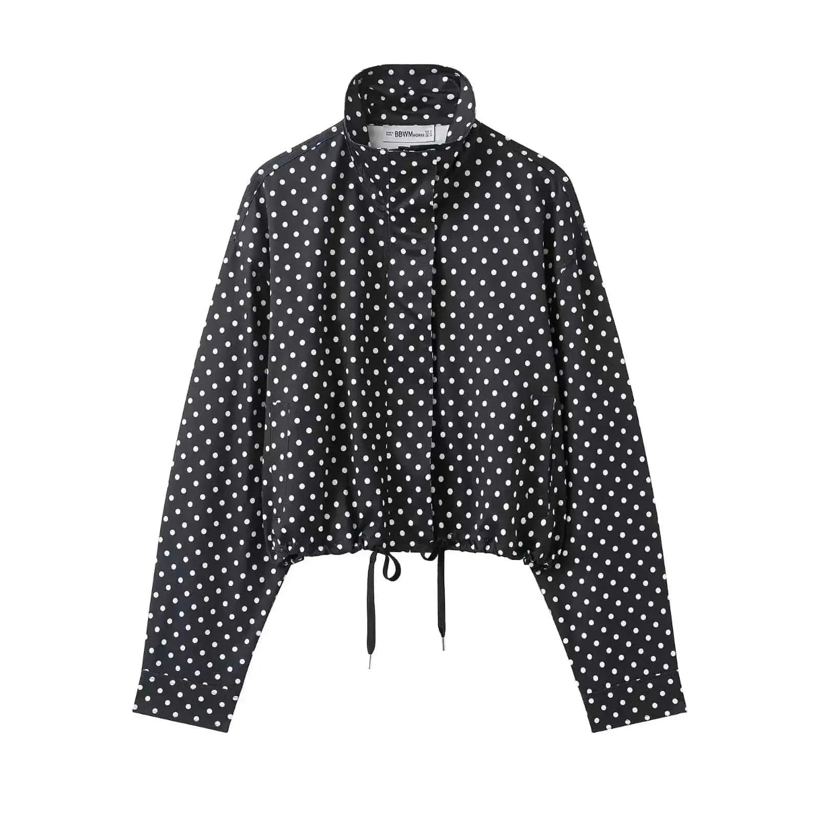 Black and white polka dot cropped jacket with drawstring hem, women's fashion