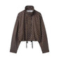 Brown polka dot women's cropped jacket with drawstring hem and stand collar