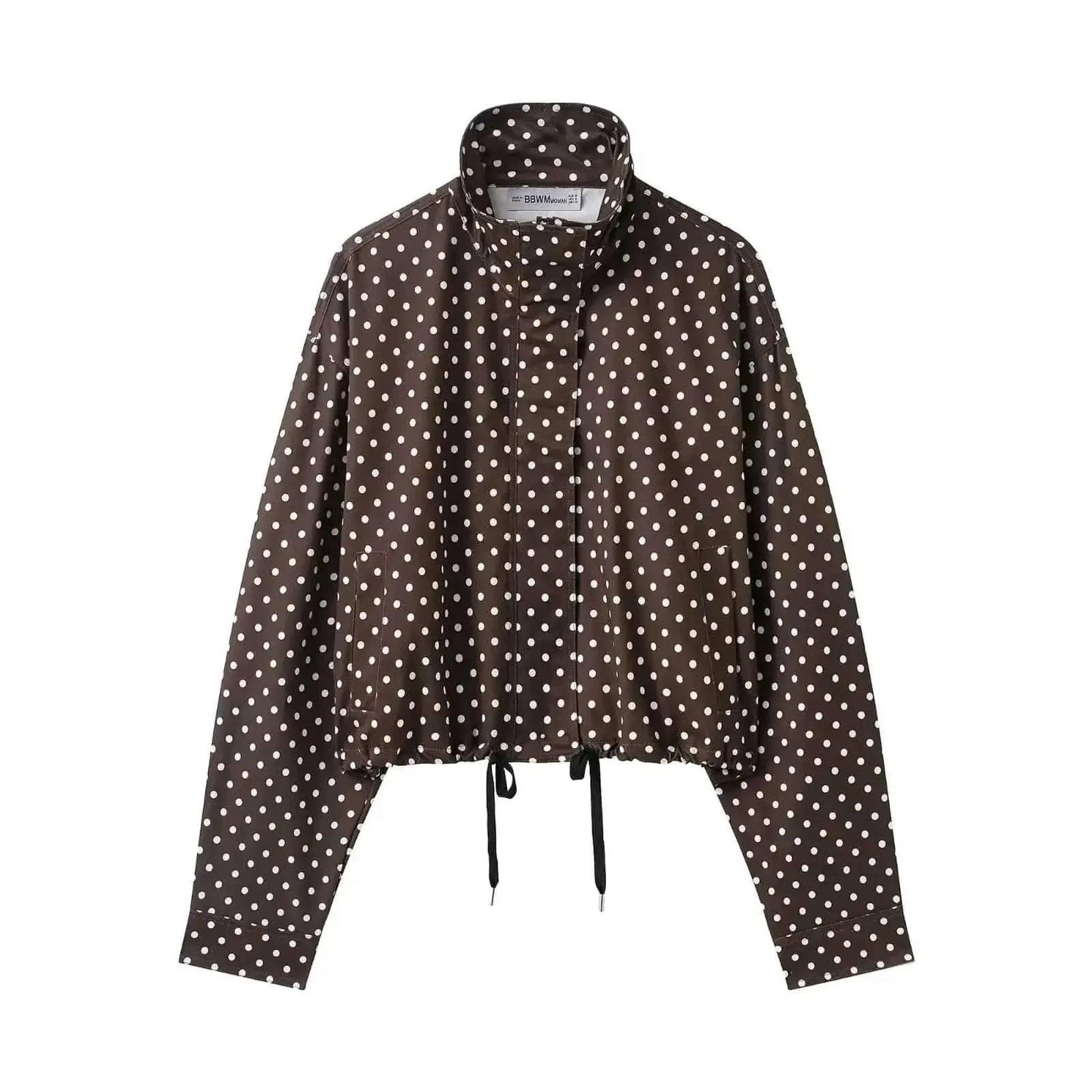 Brown polka dot women's cropped jacket with drawstring hem and stand collar